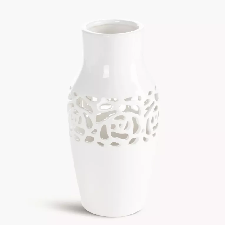 Wazon dekoracyjny biały wykończony ażurowym wzorem 12x25 cm CELIA