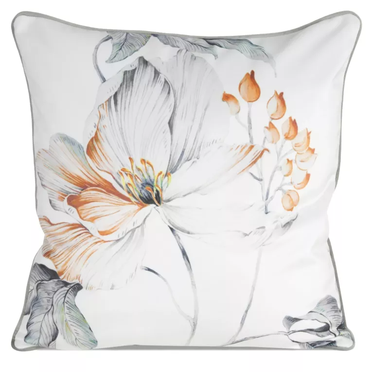 Poszewka na poduszkę dwustronna 60x60 cm welwetowa, biało pomarańczowa z motywem roślinnym z wypustką na brzegach AMELIA Eurofirany Premium