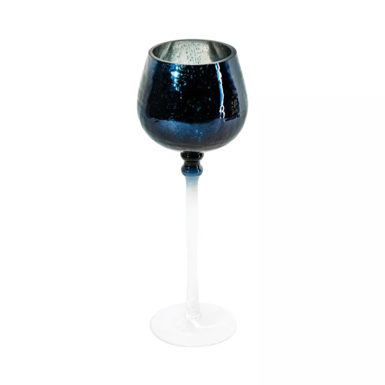 Świecznik szklany VERRE na wysmukłej nóżce z granatowym kielichem