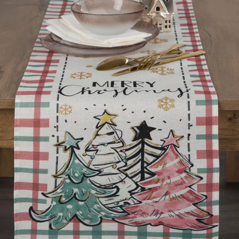 Bieżnik świąteczny na stół 33x183 cm kremowo, zielony zdobiony uroczym nadrukiem