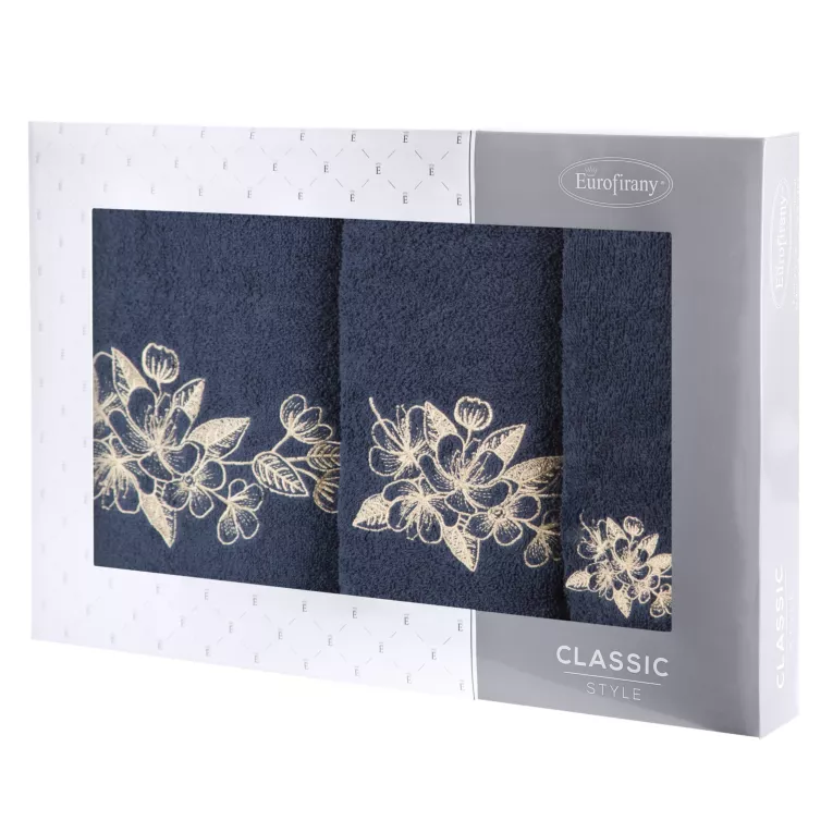 Zestaw ręczników bawełnianych na prezent 3 szt kolor granatowy,szampański z haftowanym motywem kwiatu wiśni 400 g/m2 SOFIA