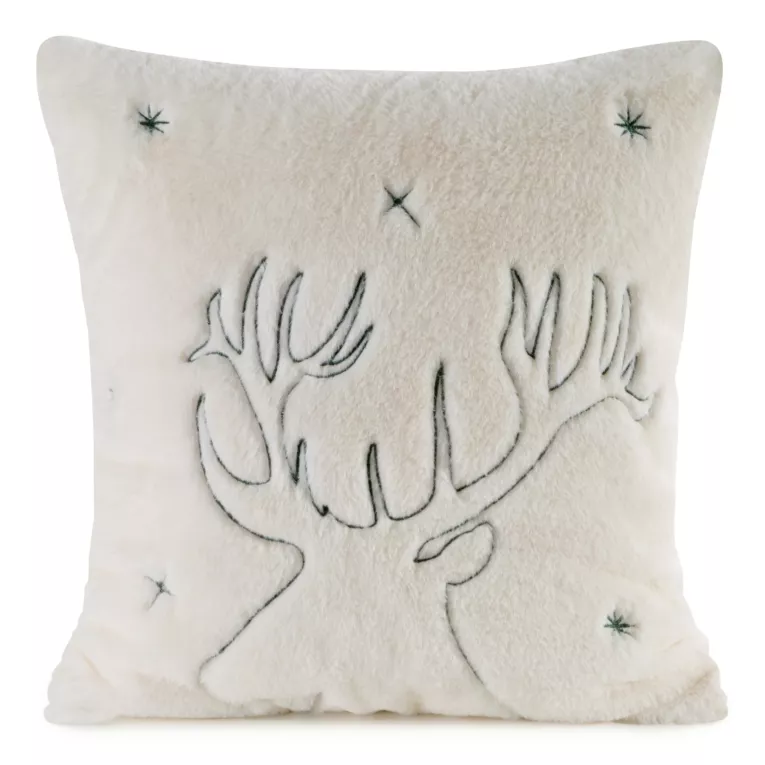 Poszewka na poduszkę 45x45 cm świąteczna z futrzanej tkaniny kremowo zielona zdobiona haftem renifera DASHER