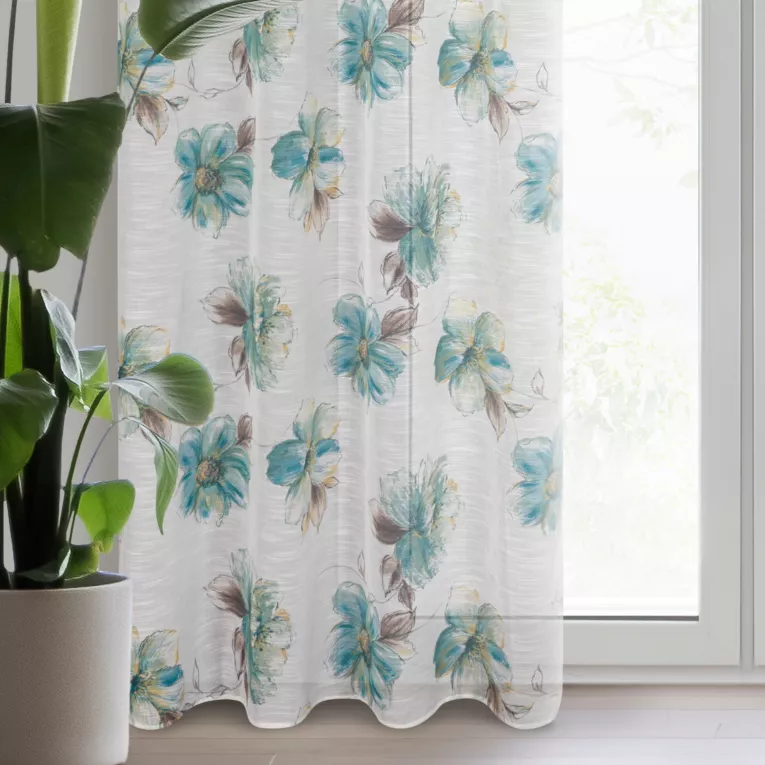 Dekoracja okienna biało, zielona z etaminy w stylu eko z motywem kwiatowym 140x260 cm przelotka LISA