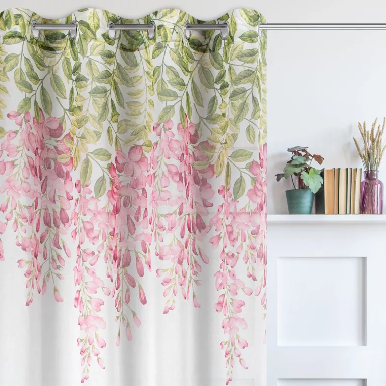 Dekoracja okienna biało, różowa z matowej etaminy z kwiatowym motywem 140x250 cm przelotki - JULIETA