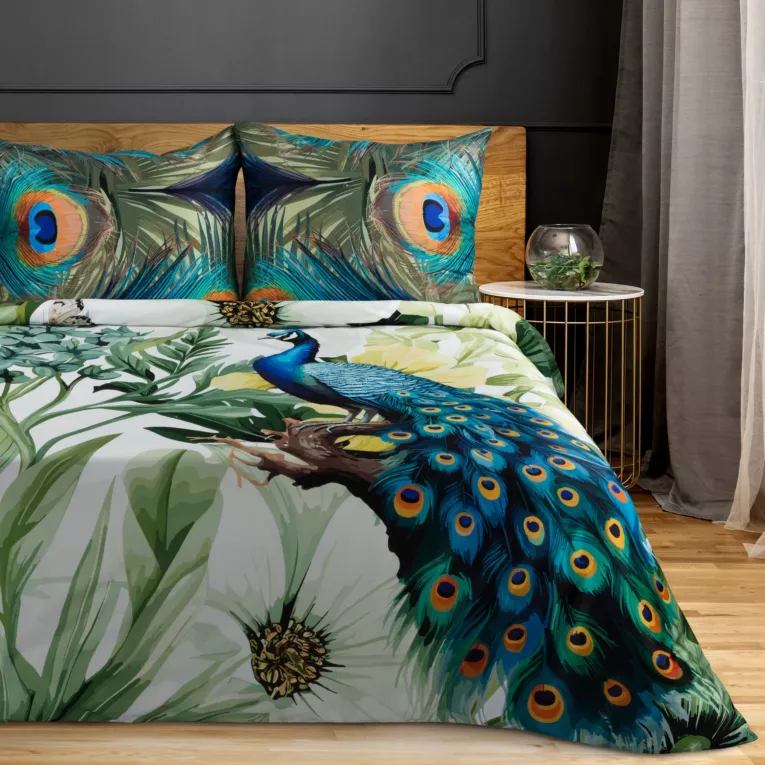 Pościel 220x220 cm bawełniana kolor biały, zielony zdobiona nadrukiem pawia PAVO Eurofirany Premium