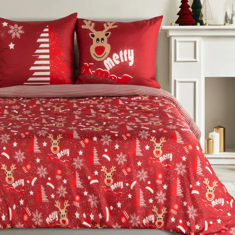 Pościel świąteczna 160x200 cm poliestrowa kolor bordowy, biały w reniferki BERGEN