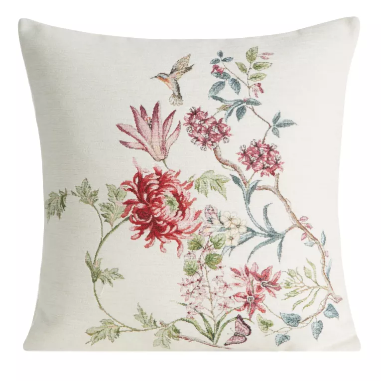 Poszewka na poduszkę 45x45 cm szenilowa kolor naturalny zdobiona subtelnym wzorem kwiatów