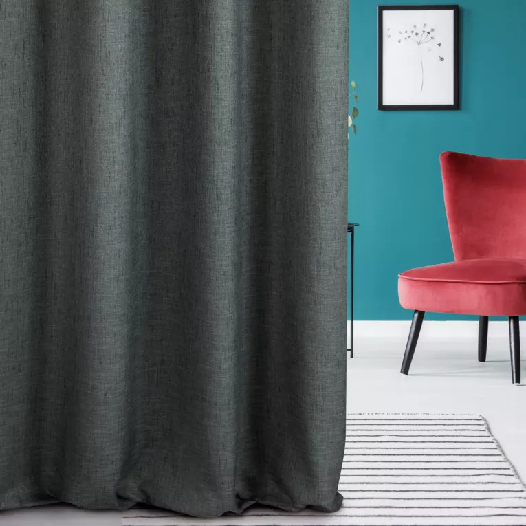 Zasłona szyta na taśmie 5 cm GEONOA grafitowa z miękkiej tkaniny o naturalnym charakterze z widocznym ozdobnym splotem