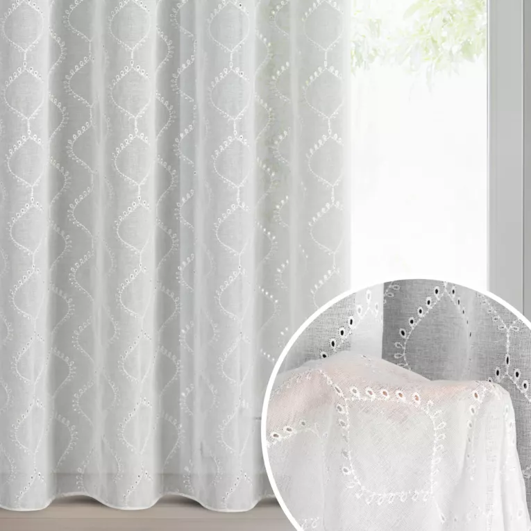 Firana biała z etaminy zdobiona ażurowym haftem 140x250 cm przelotki - RAYA