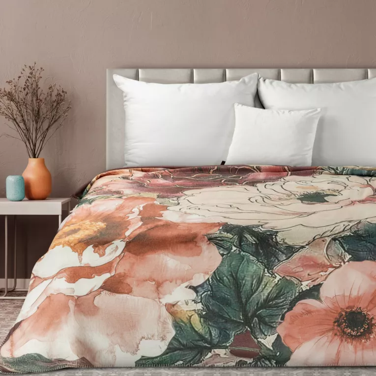 Koc akrylowy 150x200 cm pomarańczowo, kremowy z malarskim kwiatowym nadrukiem CHLOE Eurofirany Premium