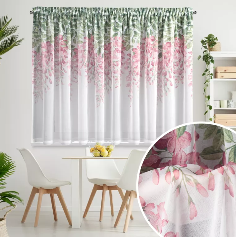 Firana biało, różowa z etaminy zdobiona motywem kwiatów 300x160 cm taśma - JULIETA