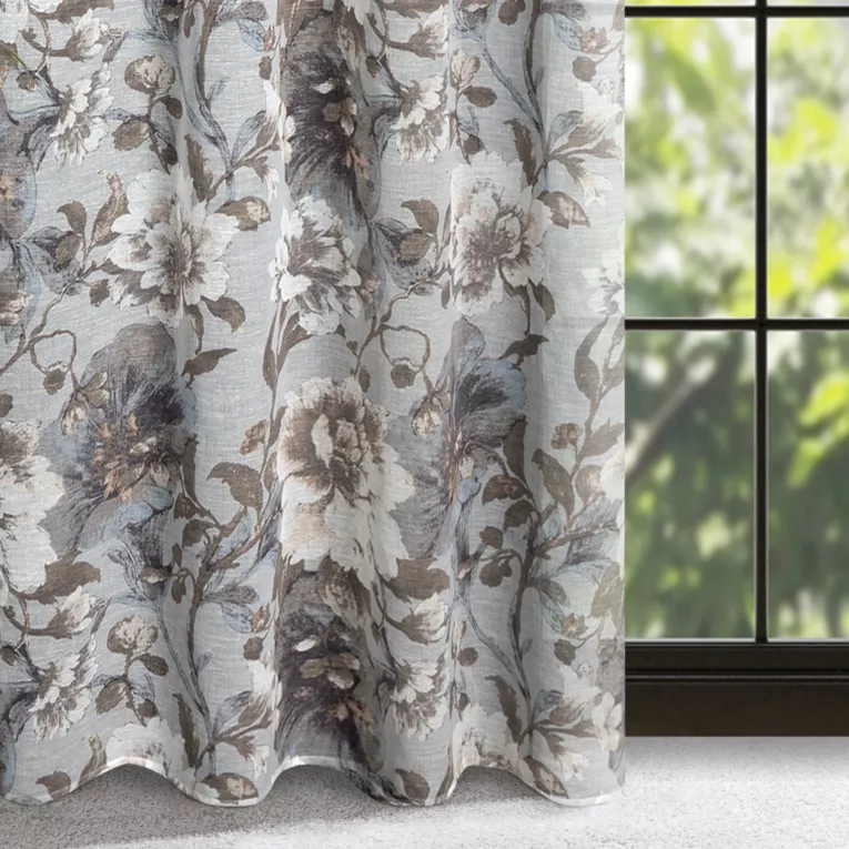 Zasłona popielato, biała w duże kwiaty z etaminy 140x250 cm przelotka - SANDRA