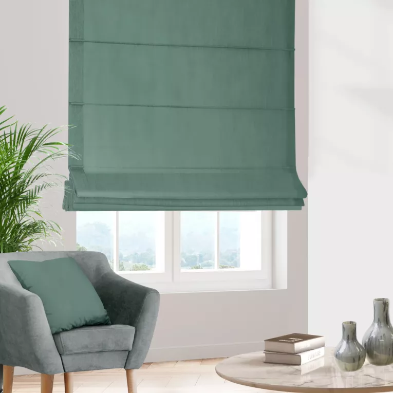 Roleta rzymska ciemnomiętowa z miękkiej półmatowej tkaniny welwetowej