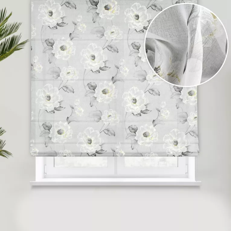 Roleta rzymska biało oliwkowa z matowej etaminy z kwiatowym nadrukiem