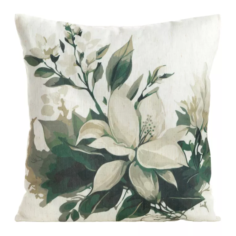 Poszewka na poduszkę 45x45 cm o strukturze lnu z nadrukiem subtelnych kwiatów beżowo, zielona LEN