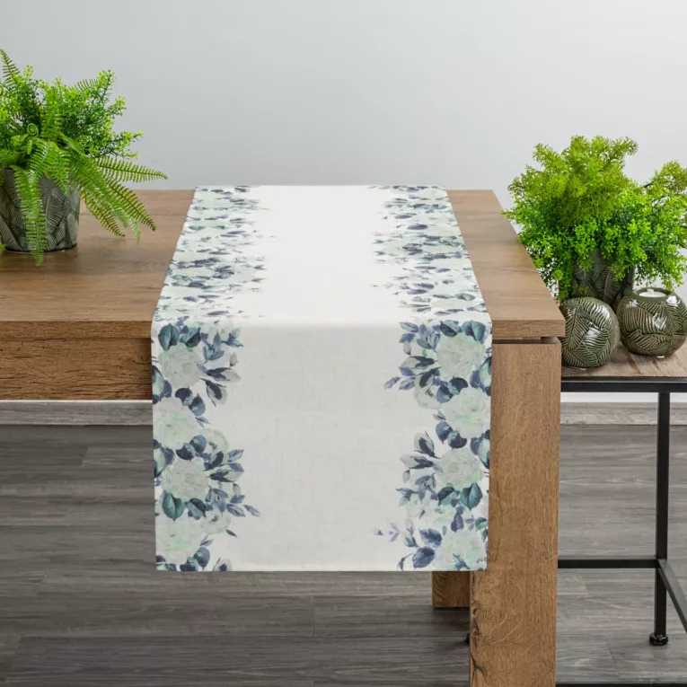 Bieżnik na stół biało, zielony z dodatkiem lnu 40x180 cm POLA z nadrukiem róż