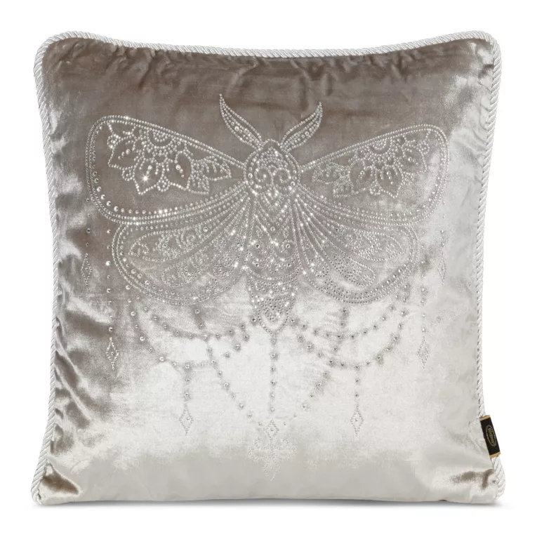 Poszewka na poduszkę 45x45 cm welwetowa kolor beżowy zdobiona wzorem motyla z kryształków ROYAL 8