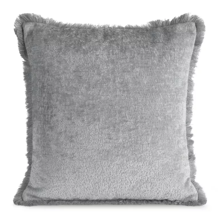 Poszewka na poduszkę 45x45 cm srebrna z szenilowej nici zdobiona subtelnymi frędzlami ADIA