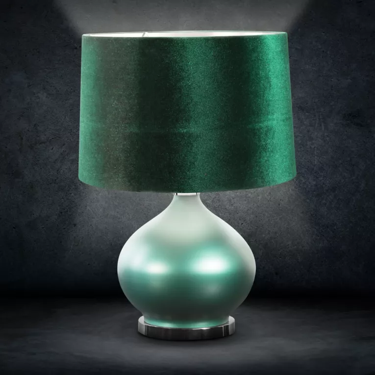 Lampa stołowa MELIKA na podstawie łączącej perłowe szkło i metal z welwetowym abażurem