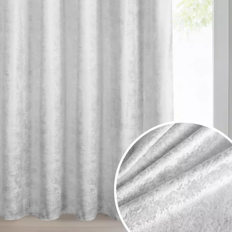 Zasłona biało, srebrna welwetowa z nakrapianym nadrukiem 135x270 cm taśma - AVENA