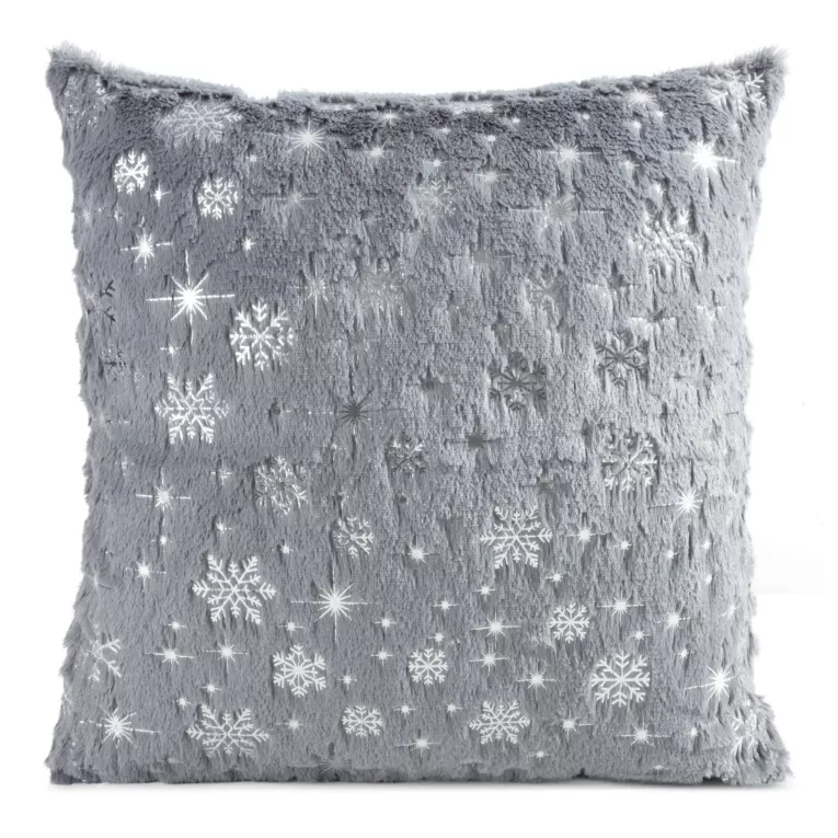 Poszewka na poduszkę świąteczna 45x45 cm stalowo, srebrna z przyjemnego futerka zdobiona nadrukiem śnieżynek