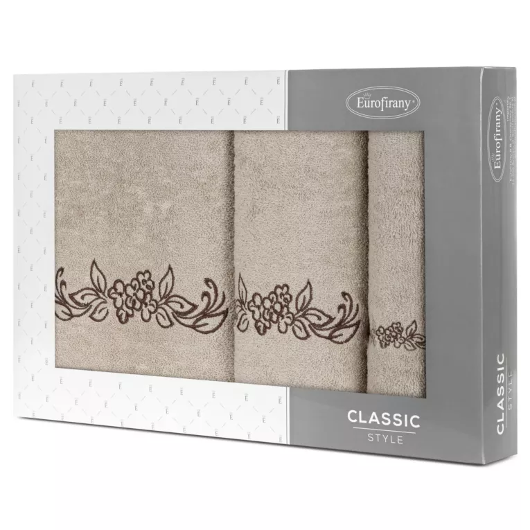 Zestaw upominkowy  CLAVIA 3 szt ręczników z haftem z motywem kwiatowym w kartonowym opakowaniu na prezent