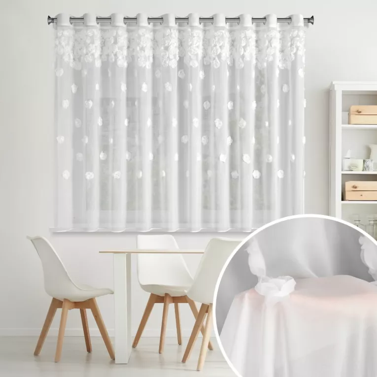 Firana biała z szyfonu zdobiona różami 3D 350x160 cm przelotka - DIANA