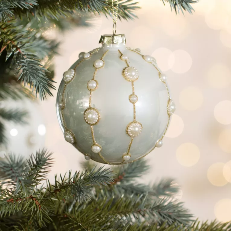 Szklana bombka ręcznie zdobiona z perełkami