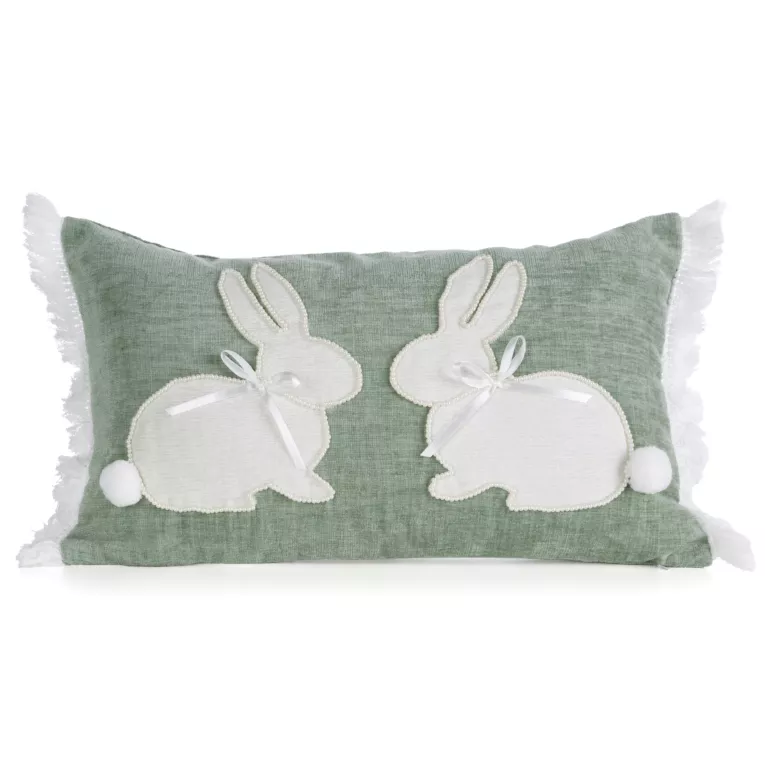 Wielkanocna poszewka na poduszkę 30x50 cm szenilowa zielono, beżowa z uroczym zajączkiem WIOSNA 149
