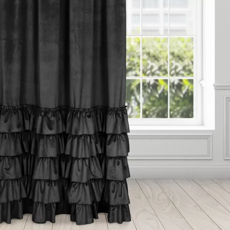 Zasłona welwetowa czarna zdobiona falbanami 140x250 cm taśma - CHARLOTTE