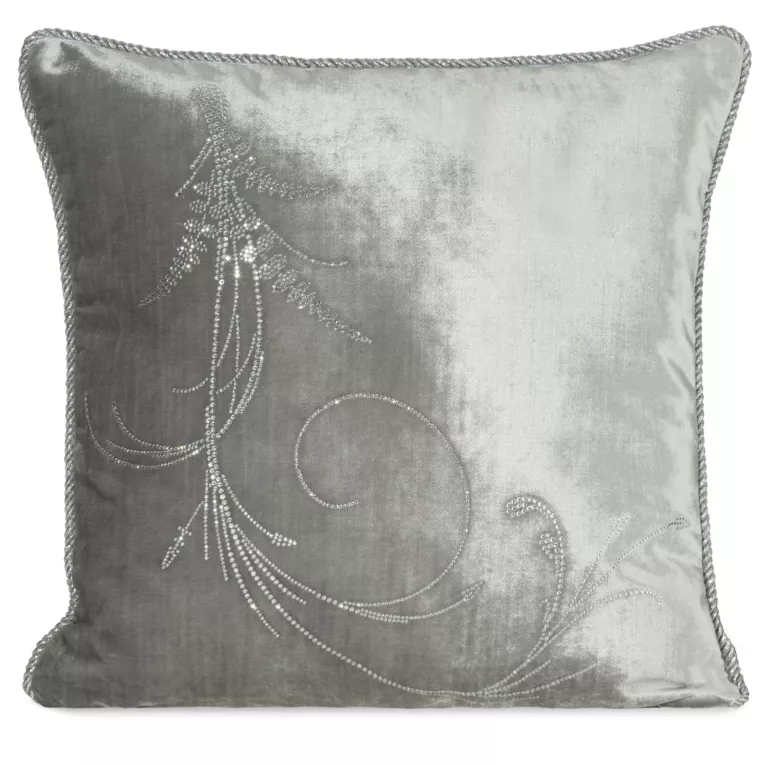 Poszewka na poduszkę 45x45 cm welwetowa, srebrna zdobiona wzorem z kryształków i srebrnym sznurem na brzegach ROYAL 10