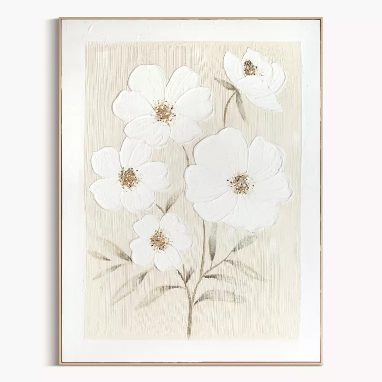 Obraz kremowy, jasnozielony ręcznie malowany z kwiatowym motywem oprawiony w ramę 92x122 cm