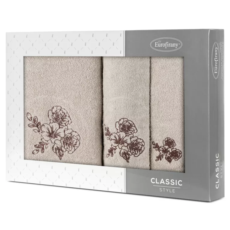 Zestaw ręczników bawełnianych na prezent 3 szt kolor beżowy, brązowy z haftem kwiatów 400 g/m2 MELANI