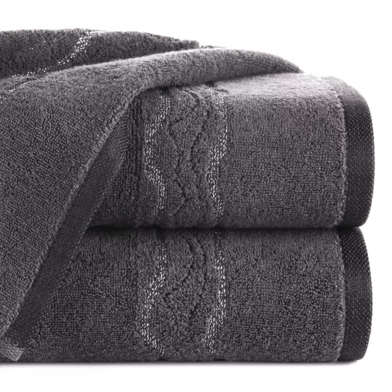 Ręcznik do rąk 30x50 cm bawełniany kolor stalowy zdobiony bordiurą z błyszczącym wzorem 500 g/m2 KARIN