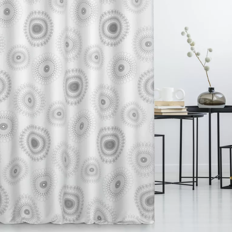 Tkanina zasłonowa z nadrukiem okrągłych ornamentów, miękka w dotyku