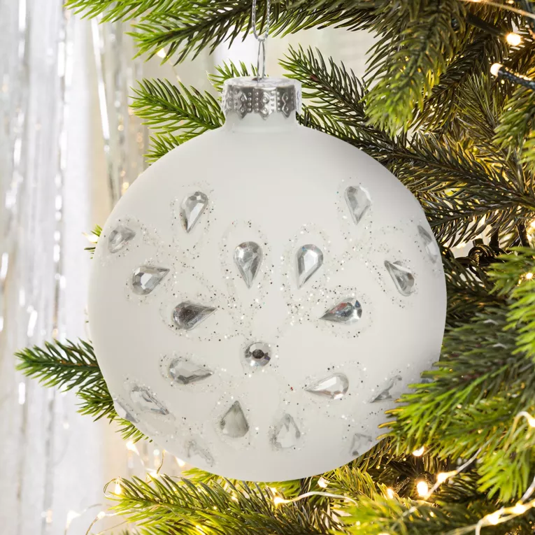 Bomka szklana ręcznie zdobiona aplikacją z kryształków i brokatowym wzorem