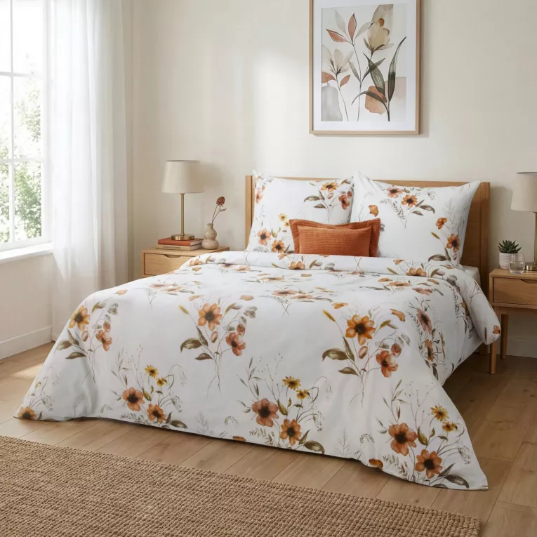 Pościel 220x200 cm komplet 3 częściowy bawełna ranforce kolor biało, rudy z motywem kwiatów CELINE