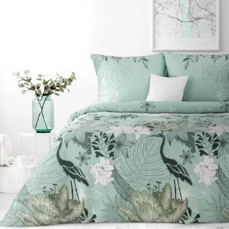 Pościel 220x200 cm z satyny bawełnianej kolor miętowy, zielony z motywem kwiatowym ANDRE Diva Line