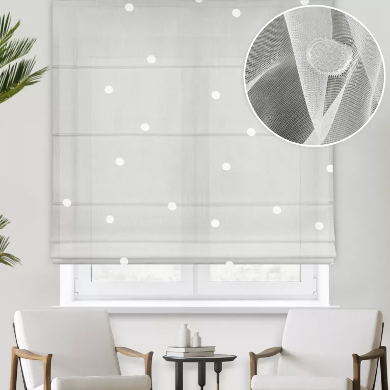 Roleta rzymska naturalna z matowej tkaniny ADEN haftowanej w duże grochy,wykończona obciążnikiem