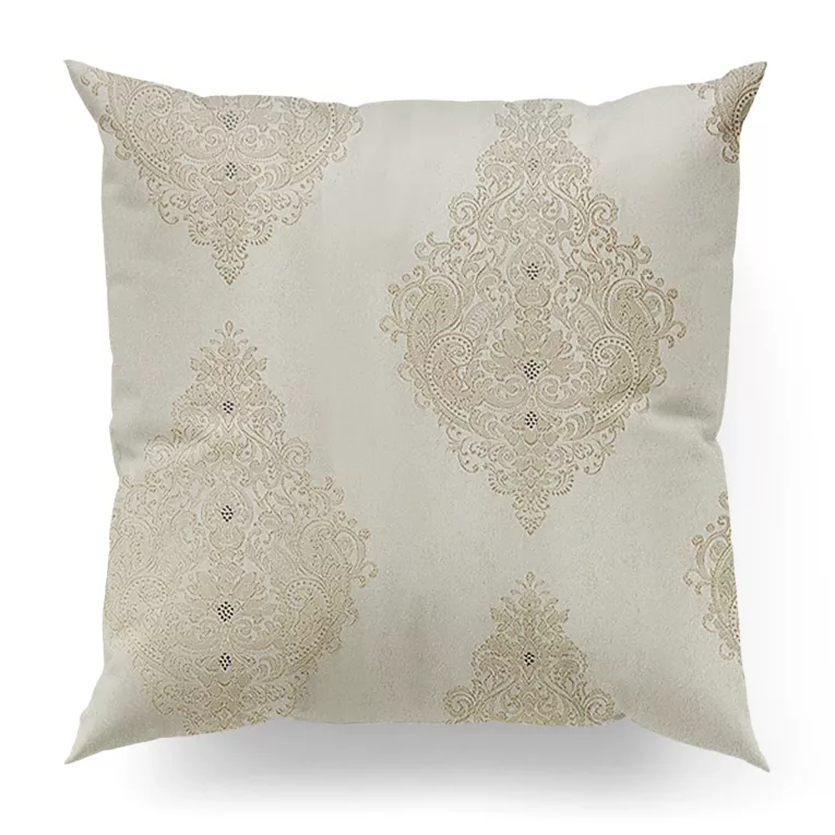 Poszewka szyta kremowa z tkaniny w klasyczny wzór ornamentowy z drobnym błyszczącym akcentem