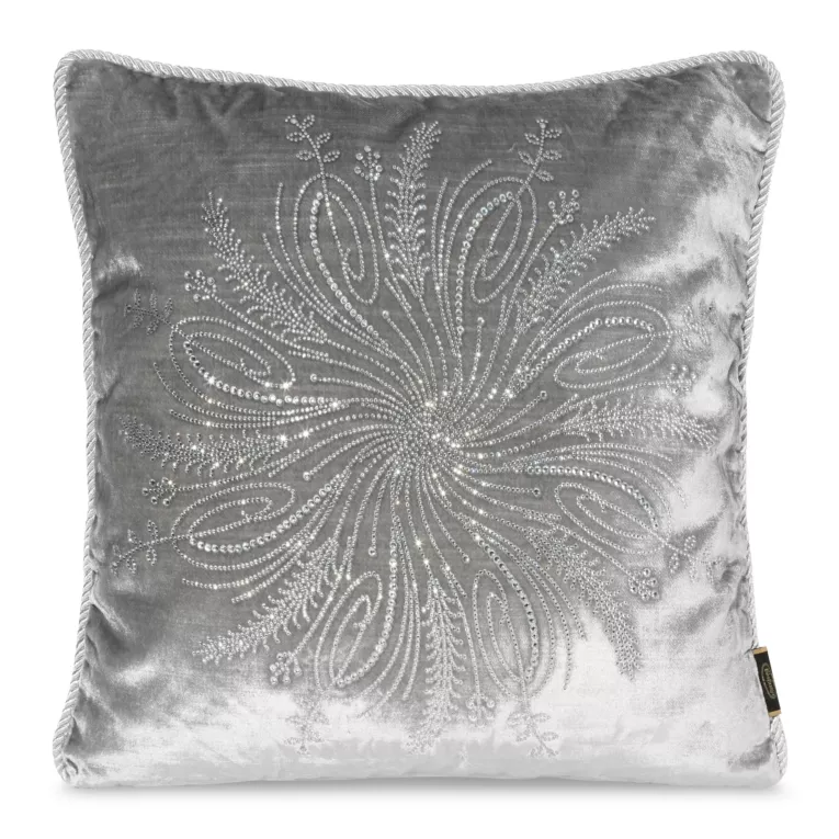 Poszewka na poduszkę 45x45 cm welwetowa, srebrna zdobiona drobnymi kryształkami i srebrnym sznurem na brzegach ROYAL 7
