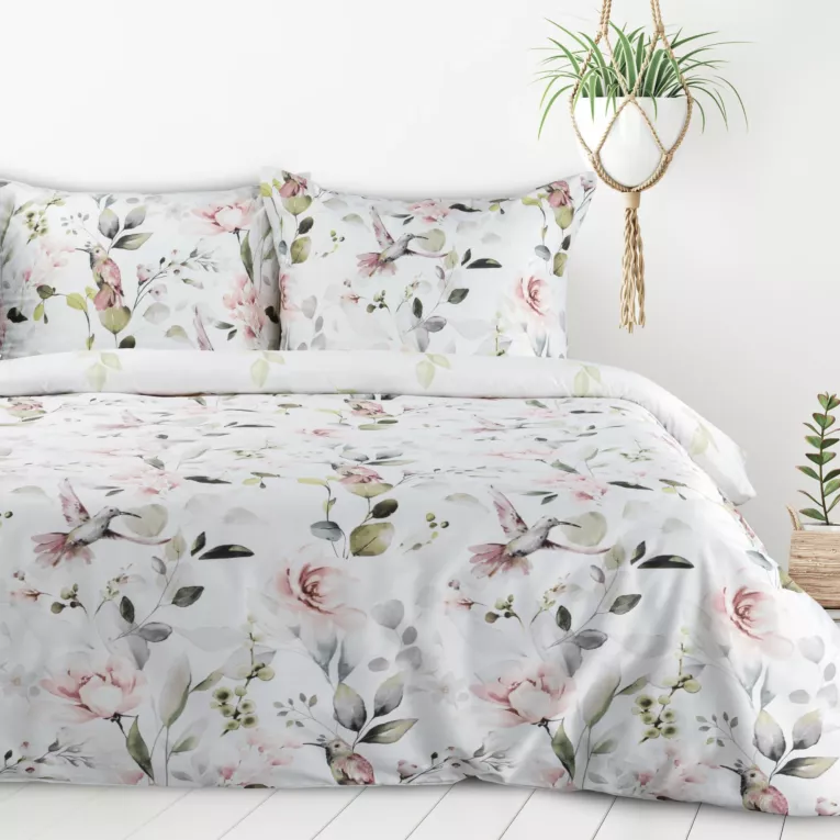 Pościel 220x200 cm z mieszanki włókien kolor biały, różowy z nadrukiem kwiatów LEA8 Design 91