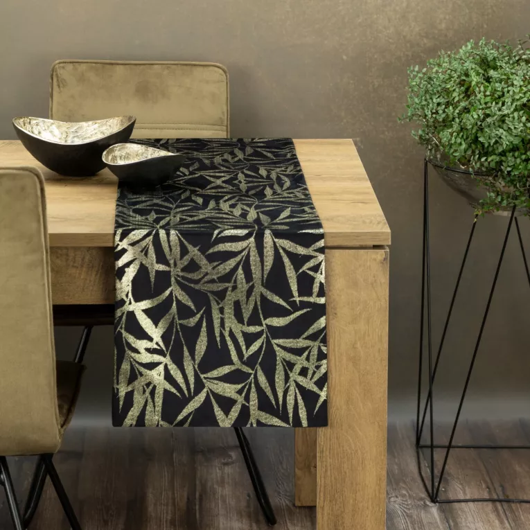 Bieżnik na stół czarno, złoty 35x180 cm welwetowy BLINK 15 z delikatnymi gałązkami