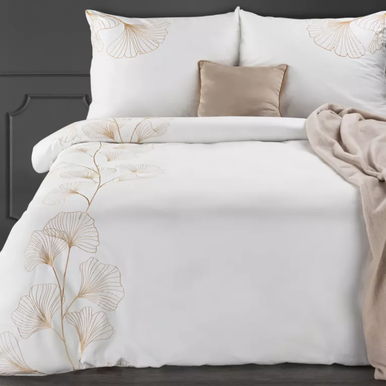 Pościel 160x200 cm z satyny bawełnianej kolor biały haftowana w złote liście miłorzębu HAFT 2 Eurofirany Premium