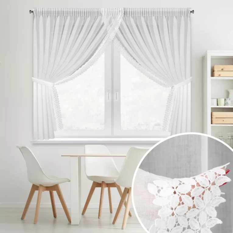 Firana biała z etaminy zdobiona koronką 400x160 cm troczek w zestawie, taśma - HESTIA