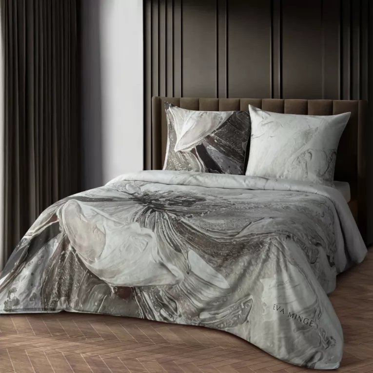 Pościel 160x200 cm z makosatyny bawełnianej kolor jasnobrązowy, jasnoszary z designerskim nadrukiem AMAYA Eva Minge