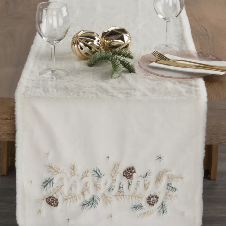 Bieżnik na stół kremowo, zielony 40x180 cm z przyjemnego futerka PINO z haftem