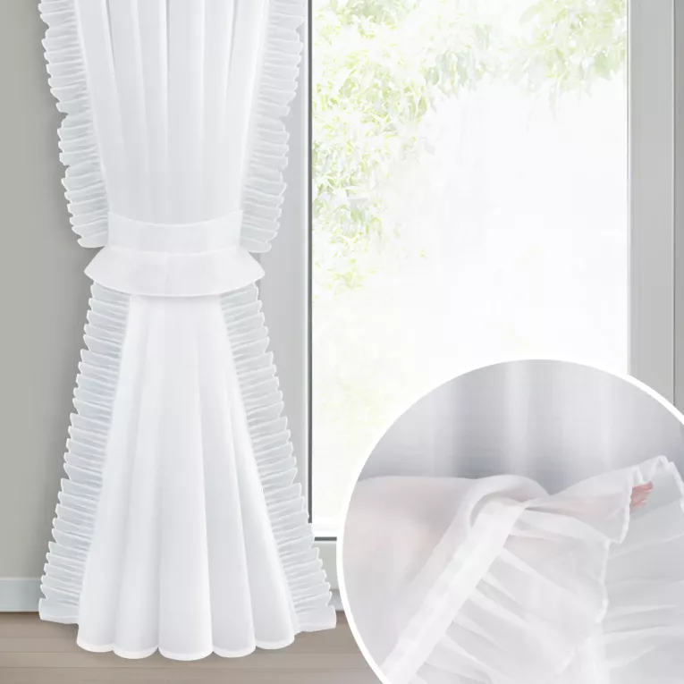Firana biała z etaminy zdobiona falbanami po bokach tkaniny w zestawie ozdobny troczek 140x270 cm taśma KAREN