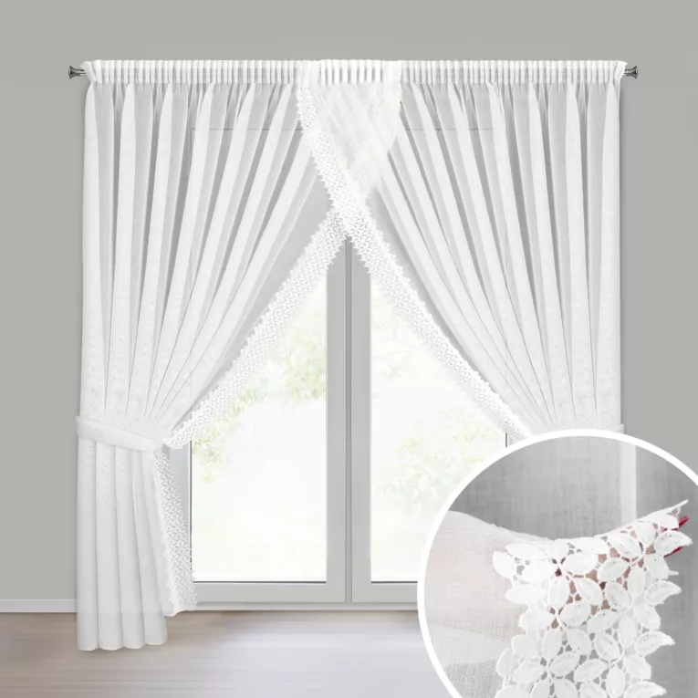 Firana biała z etaminy zdobiona koronką 400x250 cm troczek w zestawie, taśma - HESTIA