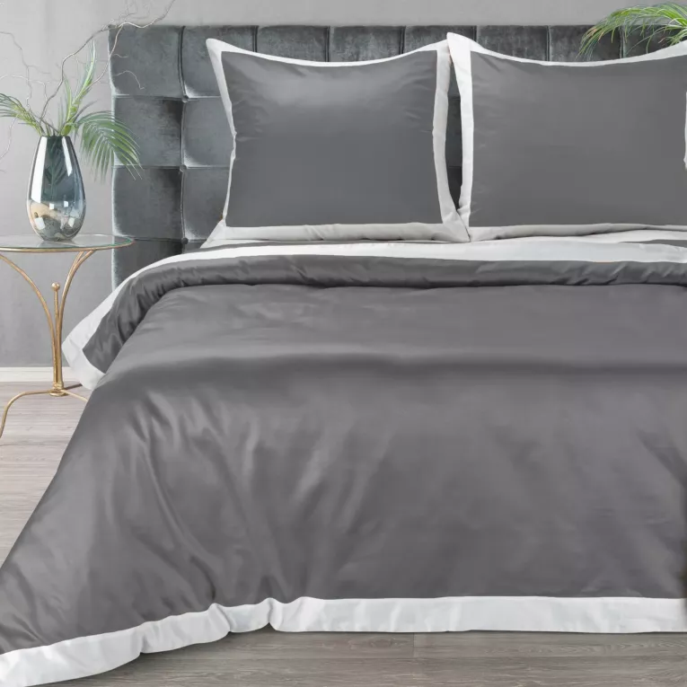 Pościel 160x200 cm z satyny bawełnianej kolor popielaty, biały z kontrastującym obszyciem LAURA